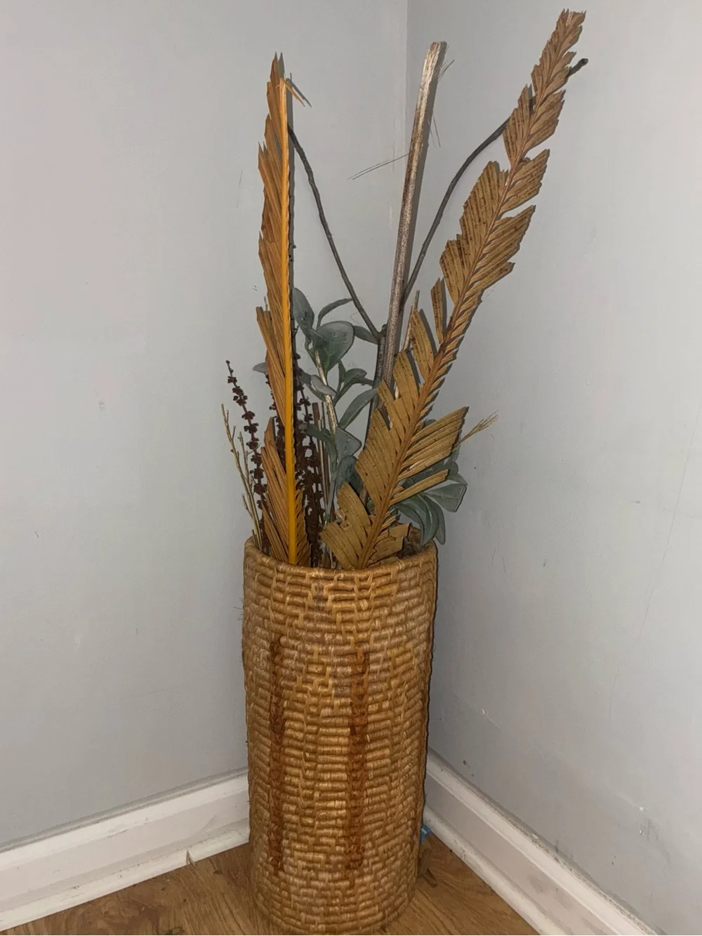 Neutral Woven Wicker Floor Vase with Golden and Green Dried Foliage